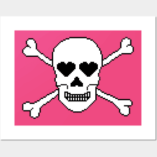 Pixelated Skull and Crossbones with Heart Eyes Posters and Art